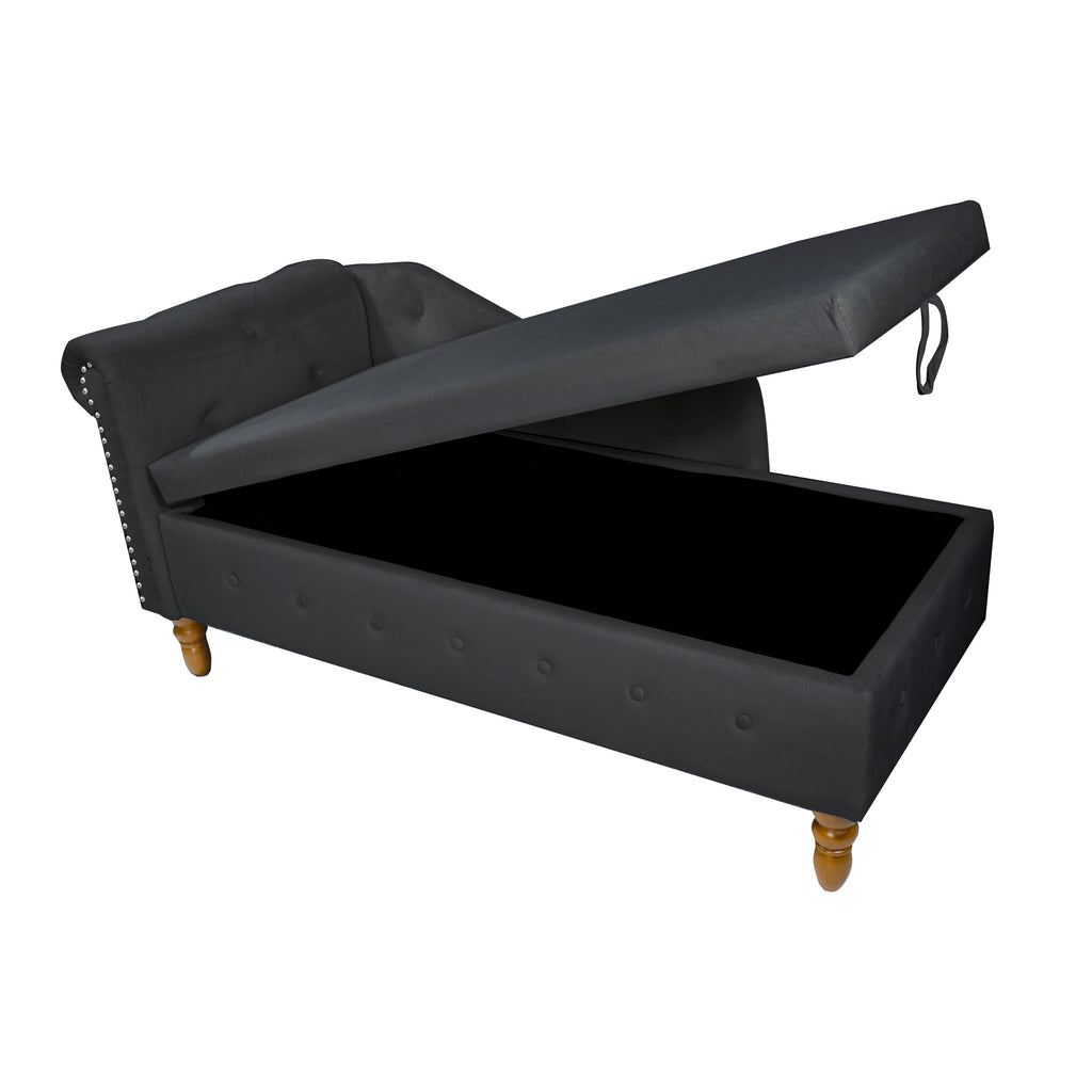 Black Chaise Lounge Indoor, Velvet Lounge Chair for Bedroom with Storage & Pillow, Modern Upholstered Rolled Arm Chase Lounge for Sleeping with Nailhead Trim for Living Room Bedroom Office - Grand Goldman Shop