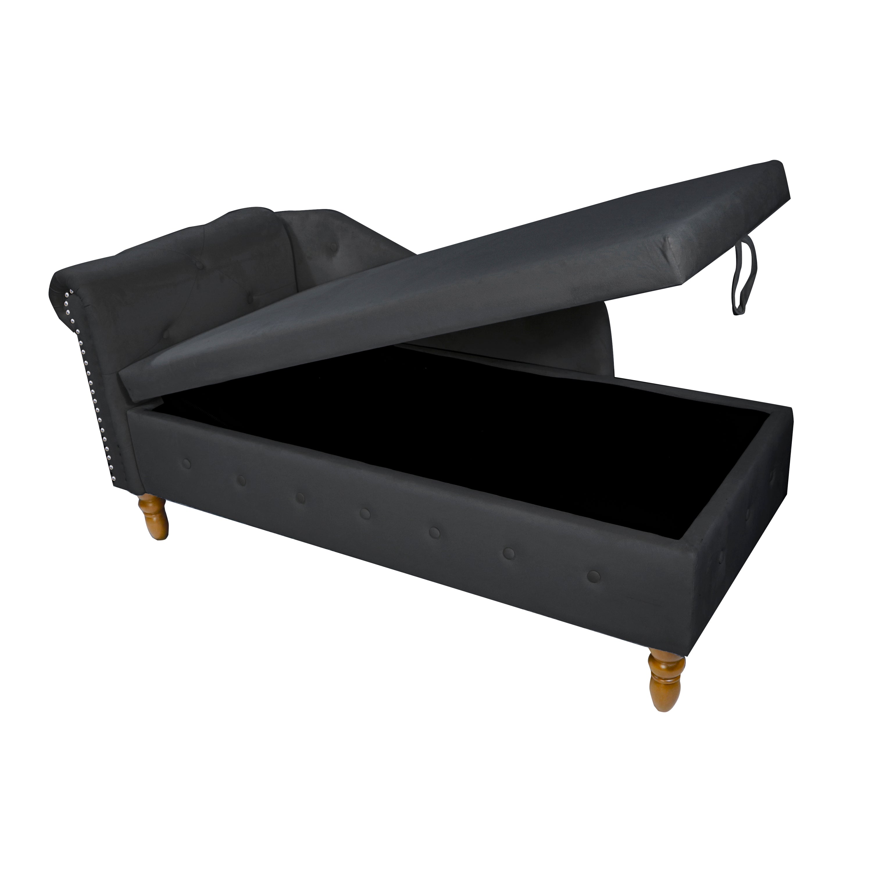 Black Chaise Lounge Indoor, Velvet Lounge Chair for Bedroom with Storage & Pillow, Modern Upholstered Rolled Arm Chase Lounge for Sleeping with Nailhead Trim for Living Room Bedroom Office - Grand Goldman Shop