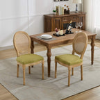 A&A Furniture,French Style Solid Wood Frame Antique Painting Linen Fabric Rattan Back Dining Chair,Set of 2,Olive-Green - Grand Goldman Shop