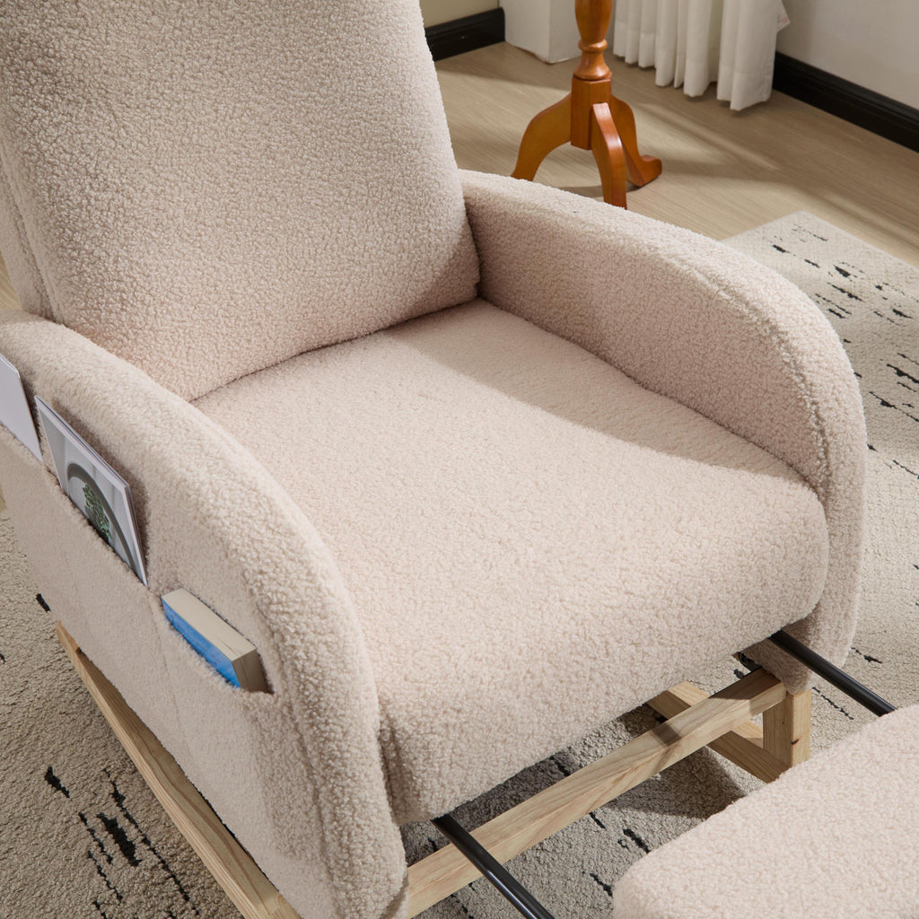 Modern Accent Rocking Chair Rocking Chair with Solid Wood Legs, Upholstered Nursery Glider Rocker Side Pocket and Footrest, Living Room Lounge Arm Chair with High Backrest (beige,teddy) - Grand Goldman Shop