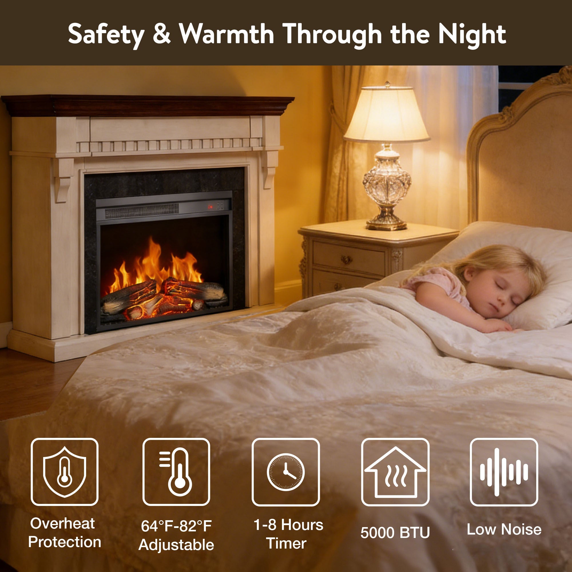 23 inch electric fireplace insert, ultra thin heater with log set & realistic flame, remote control with timer, overheating protection - Grand Goldman Shop