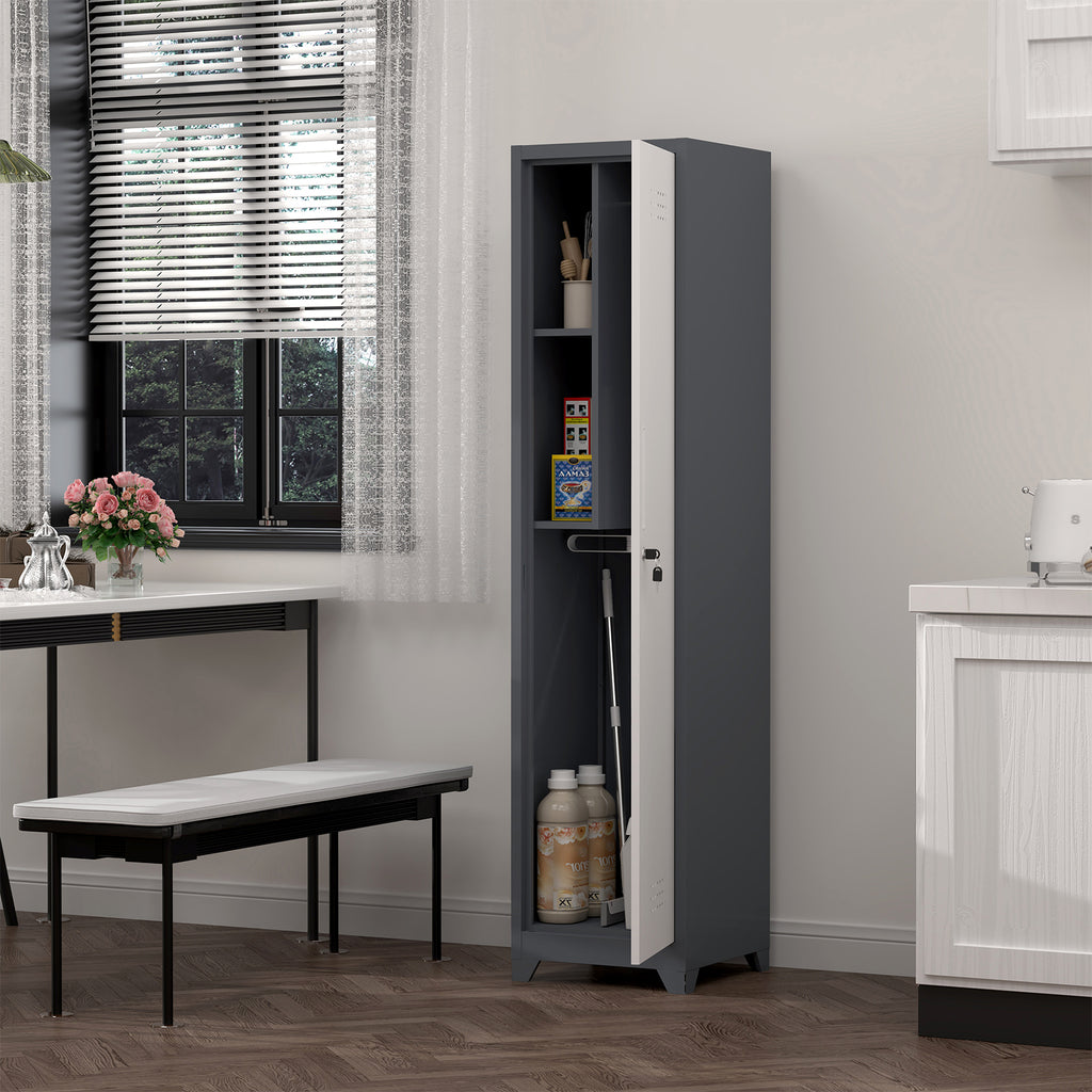 Metal Broom Storage Cabinet, 65' Narrow Slim Utility Cabinet with Hooks and Shelves, White Finish, Heavy-Duty Steel Construct