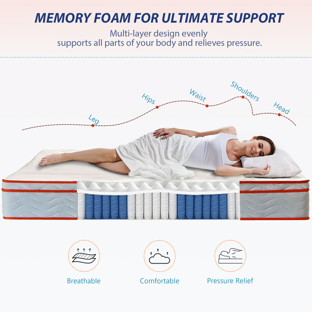 King Mattress, 12 Inch Hybrid Mattress Euro Top Medium Firm for Back & Lumbar Support, 100 Night Trial, Individual Pocket Spring Mattresses for Motion Isolation & Pressure Relief - Grand Goldman Shop