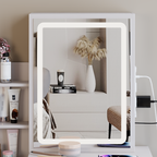 29.2' Small Size Left Bedside Cabinet Vanity Table + Cushioned Stool, 2 AC+2 USB Power Station, Hair dryer bracket, Extra Large Touch Control Sliding LED Mirror, Tri-color Switching, Brightness Adjust - Grand Goldman Shop