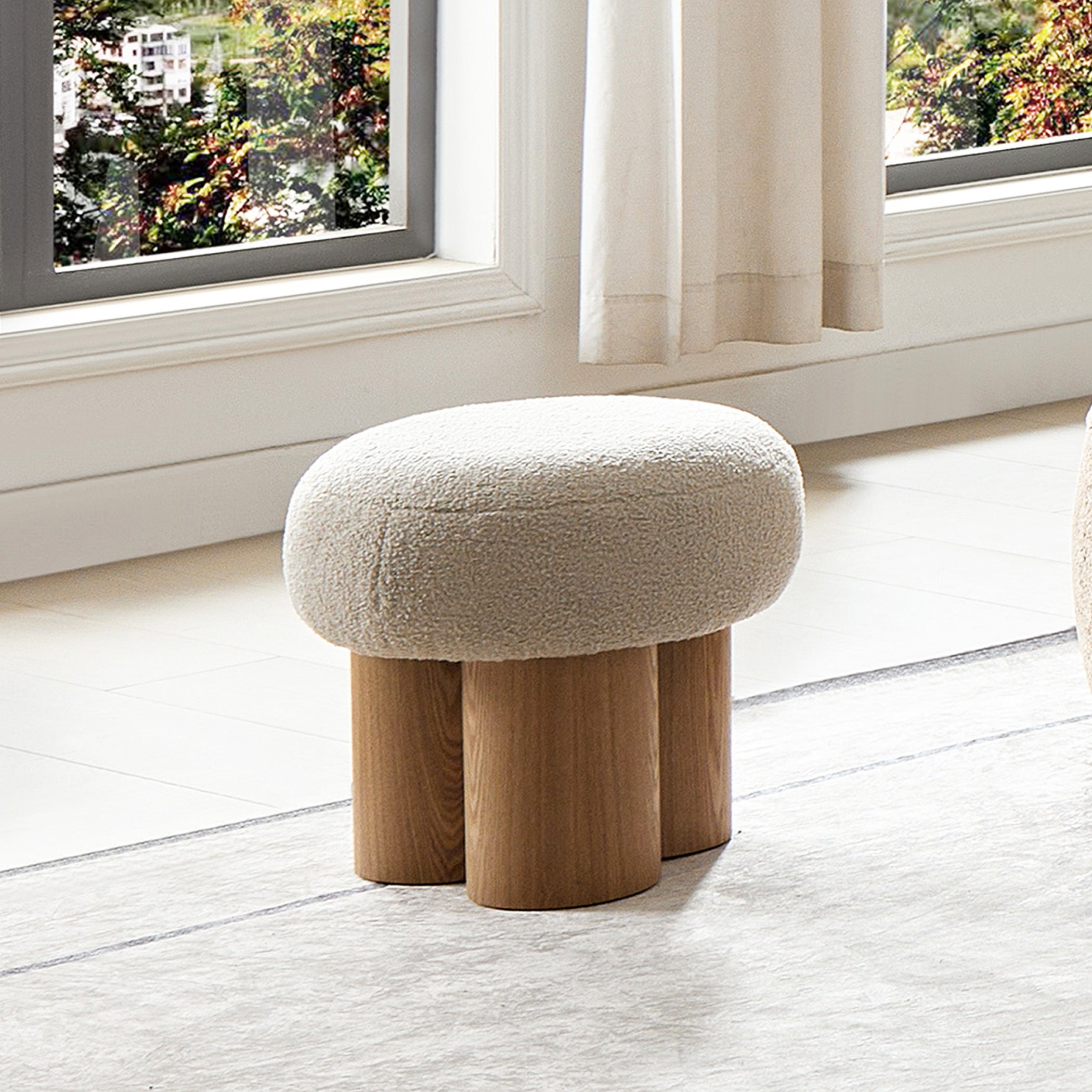 W8017-1 Mushroom Stool with Greige Plush Cushion, Wooden Barrel PVC Pipe, Walnut Finish - Grand Goldman Shop