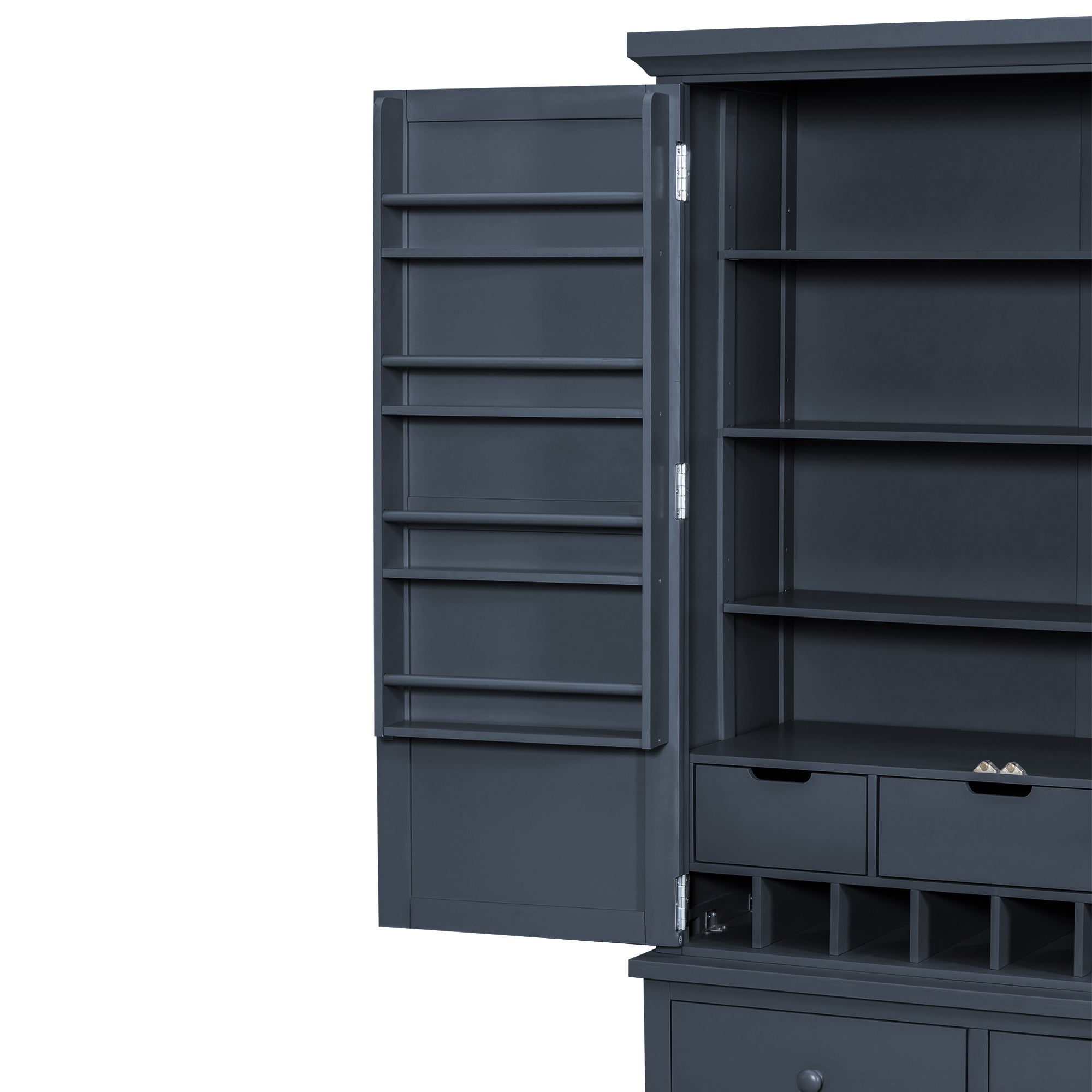 [Assembly&Show Video Available] TOPMAX Freestanding Large Kitchen Pantry Wooden Kitchen Storage Cabinet Cupboard with 8 Door Shelves,3 Adjustable Shelves,7 Drawers& 8 Wine Racks, Gray - Grand Goldman Shop
