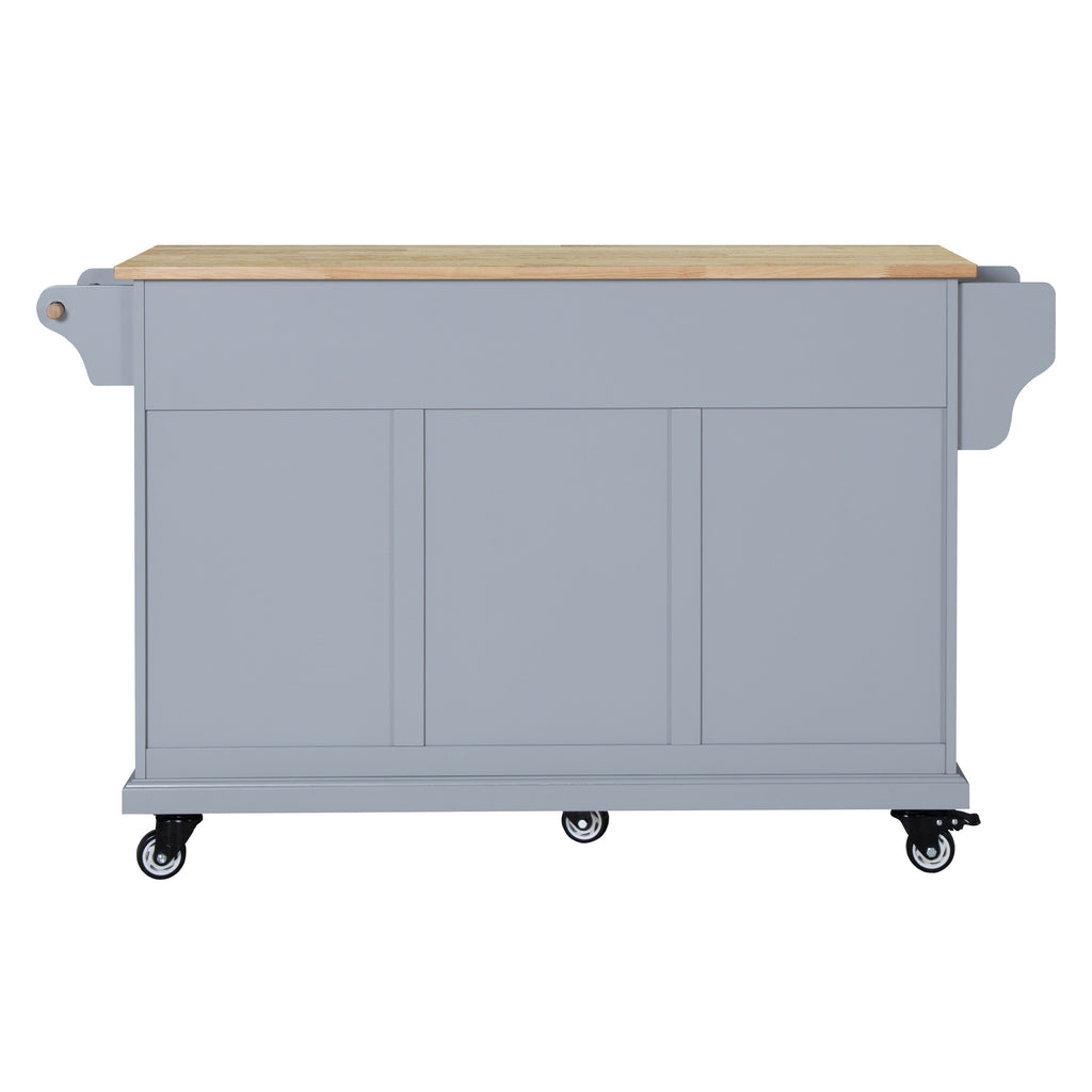 Kitchen Island with Rubber wood Countertop, Kitchen Cart on 5 Wheels with Storage Cabinet and 2 Top Drawers and A center double layered storage drawer for Dinning Room, Grey - Grand Goldman Shop