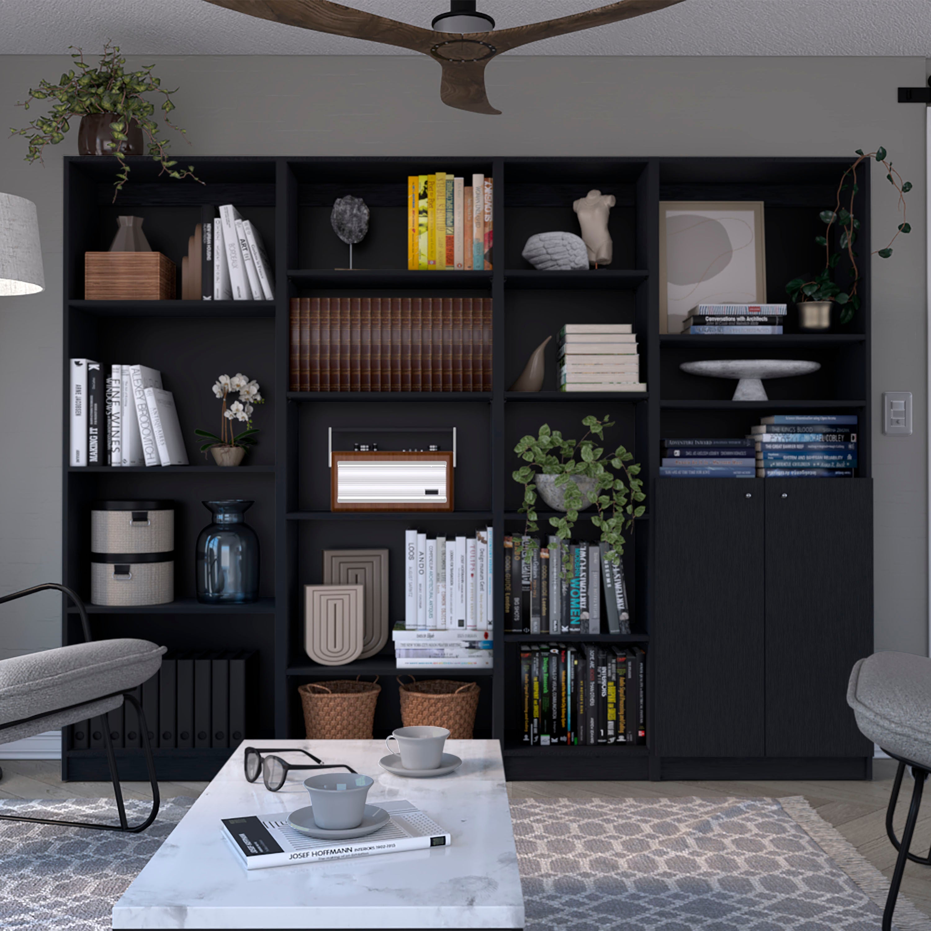 Dupree 4 Piece Home Bookcase set, 91' Wide with 17 Shelves And a Double-Door Cabinet ,  Living Room Set  Black | Premium Home