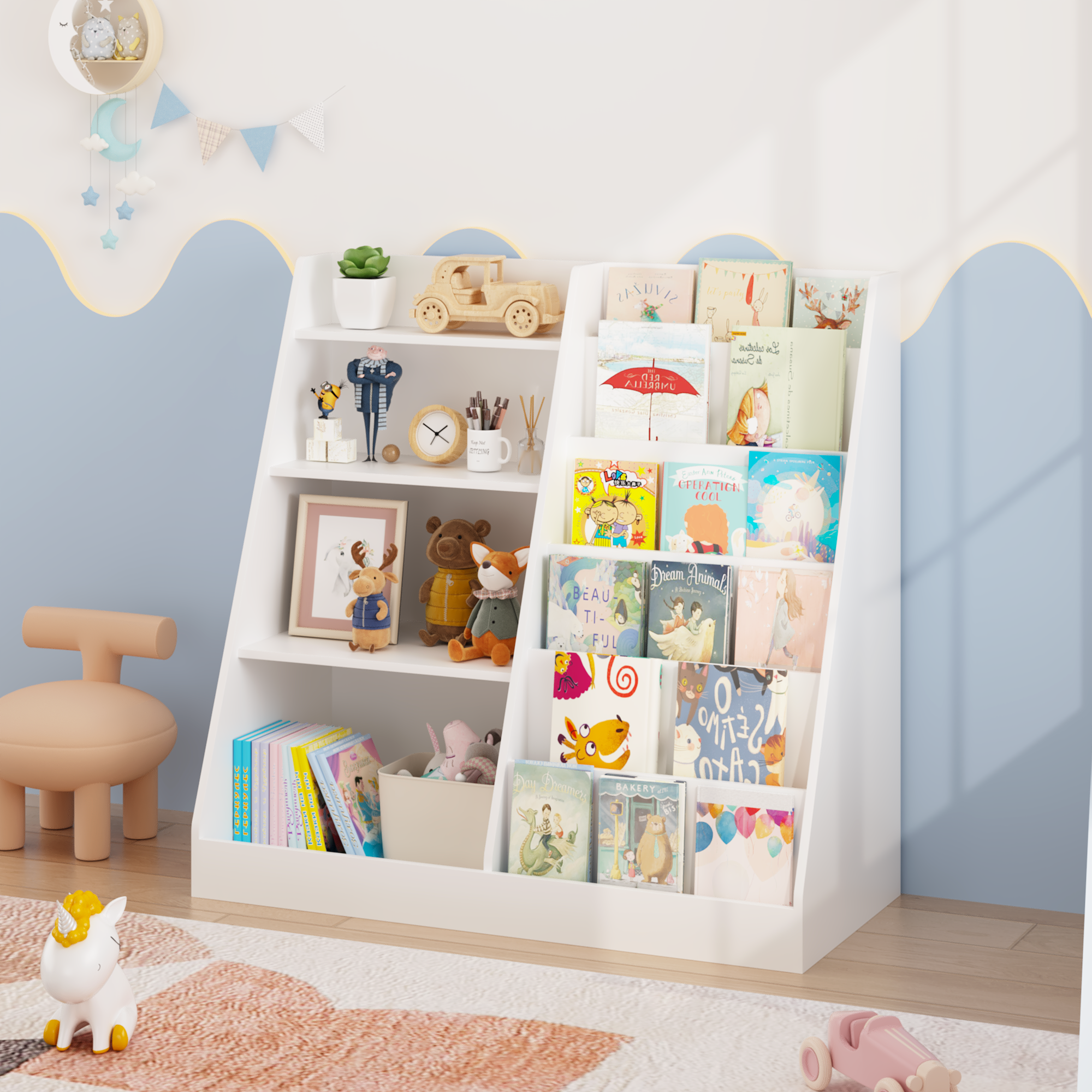 New Kids Bookshelf and Toy Storage Organizer, Multifunctional 4 Tier Wooden Kids Book Shelf with  Bookcase Display Stand in K