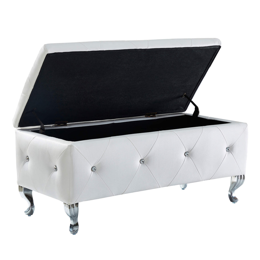 Upholstered Storage Ottoman Bench For Bedroom End Of Bed Faux Leather Rectangular Storage Benches Footrest With Crystal Buttons For Living Room Entryway (White) - Grand Goldman Shop