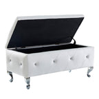 Upholstered Storage Ottoman Bench For Bedroom End Of Bed Faux Leather Rectangular Storage Benches Footrest With Crystal Buttons For Living Room Entryway (White) - Grand Goldman Shop