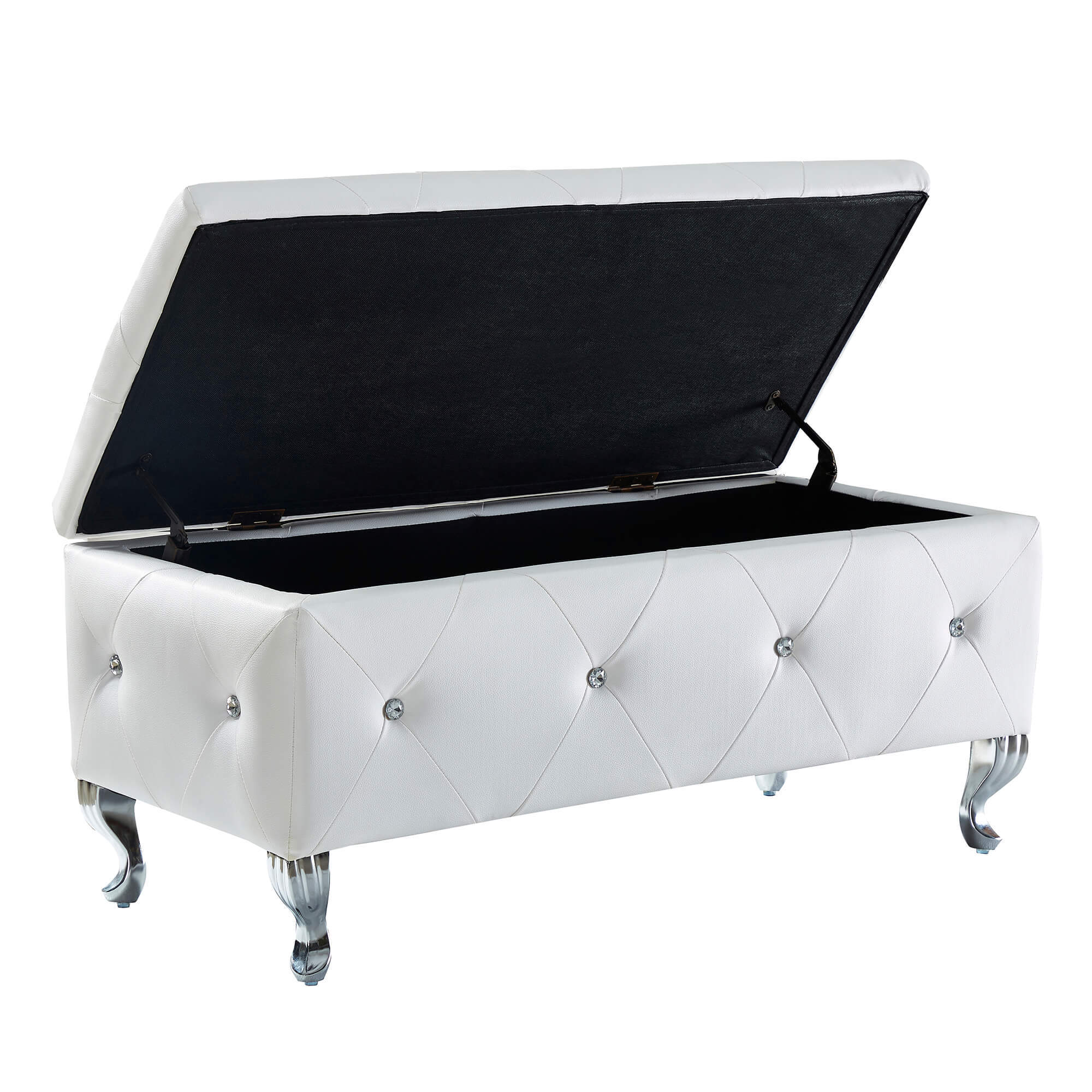 Upholstered Storage Ottoman Bench For Bedroom End Of Bed Faux Leather Rectangular Storage Benches Footrest With Crystal Buttons For Living Room Entryway (White) - Grand Goldman Shop