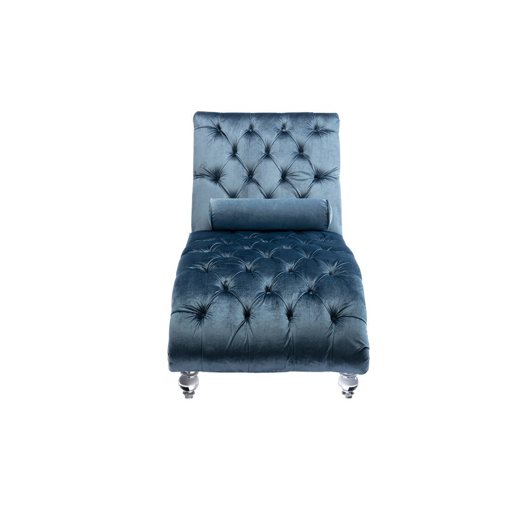 Velvet Chaise Lounge Chair with Pillow, Button-Tufted Upholstered, Light Blue, Solid Wood Frame, Acrylic Legs - Grand Goldman Shop