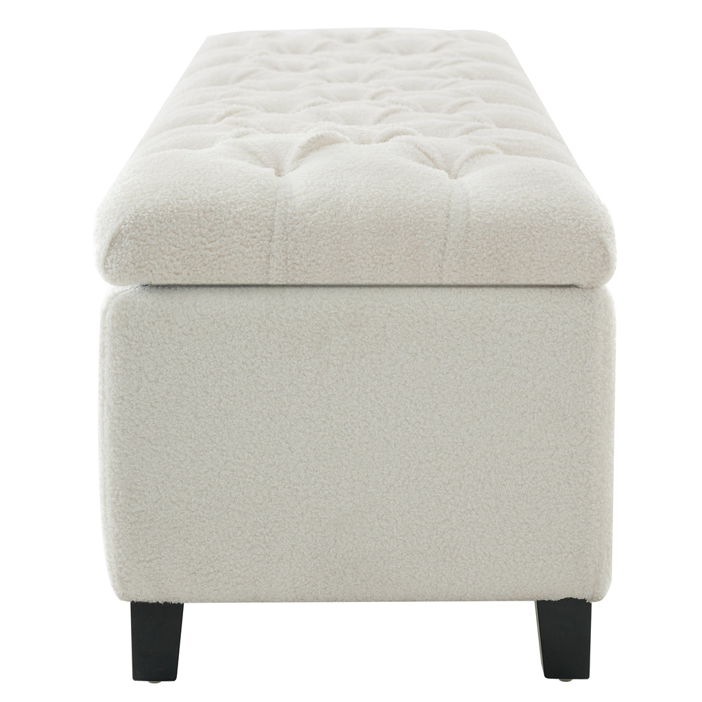 Ottoman Bench with Storage, White Boucle Surface, Rubber Wood Legs, 300 lbs Capacity - Grand Goldman Shop