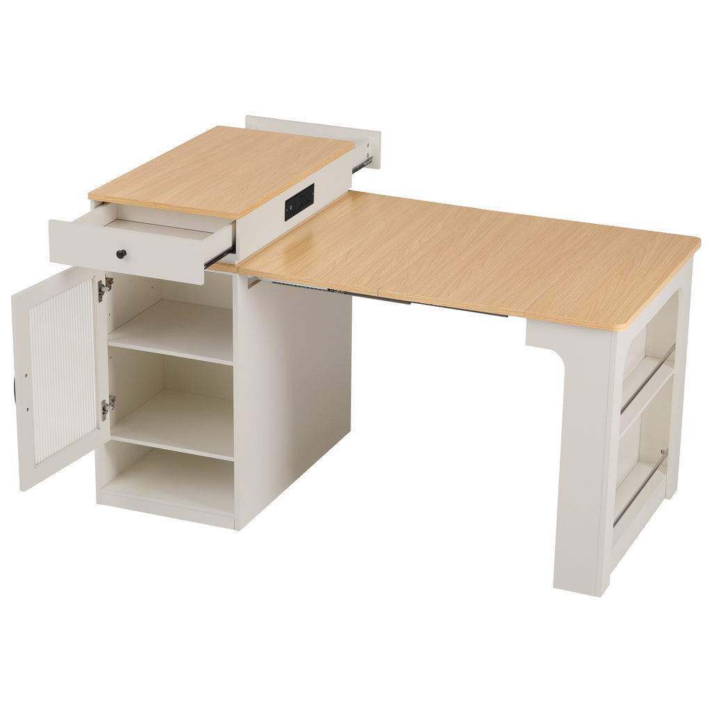 K&K 59.5' Kitchen Island with Extendable Dining Table, Kitchen Storage Table with Double-sided Storage, Kitchen Island with 2 Drawers, Power Outlet, Side Open Shelves, for Kitchen, Dining Room, White - Grand Goldman Shop