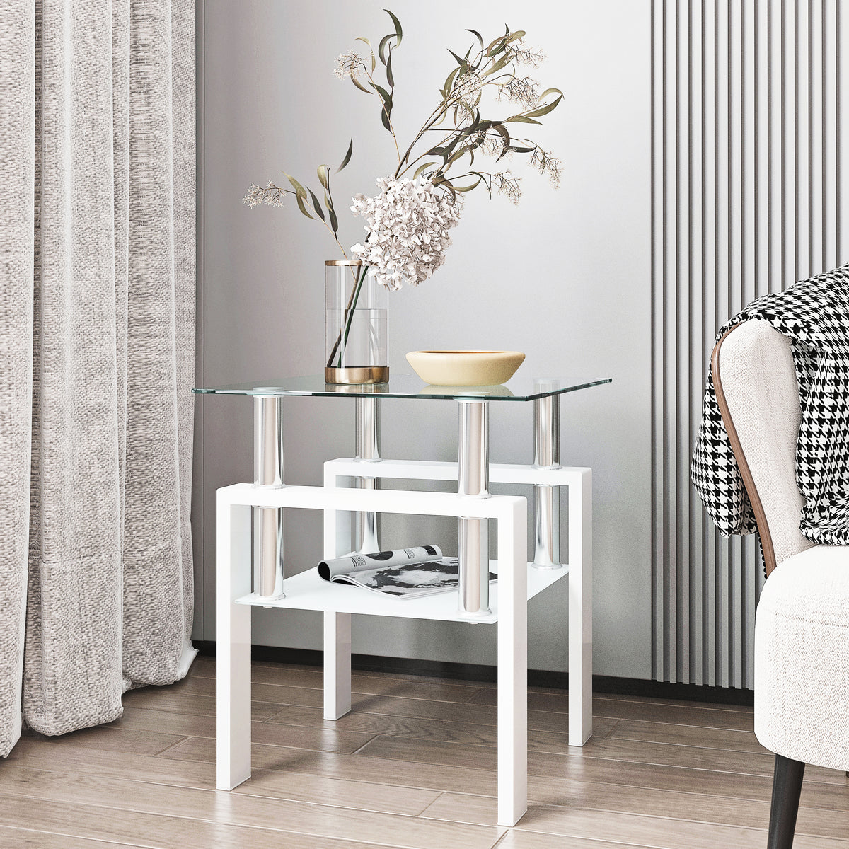 1-Piece Modern Tempered Glass Tea Table Coffee Table End Table, Square Table for Living Room, Transparent/White - Grand Goldman Shop