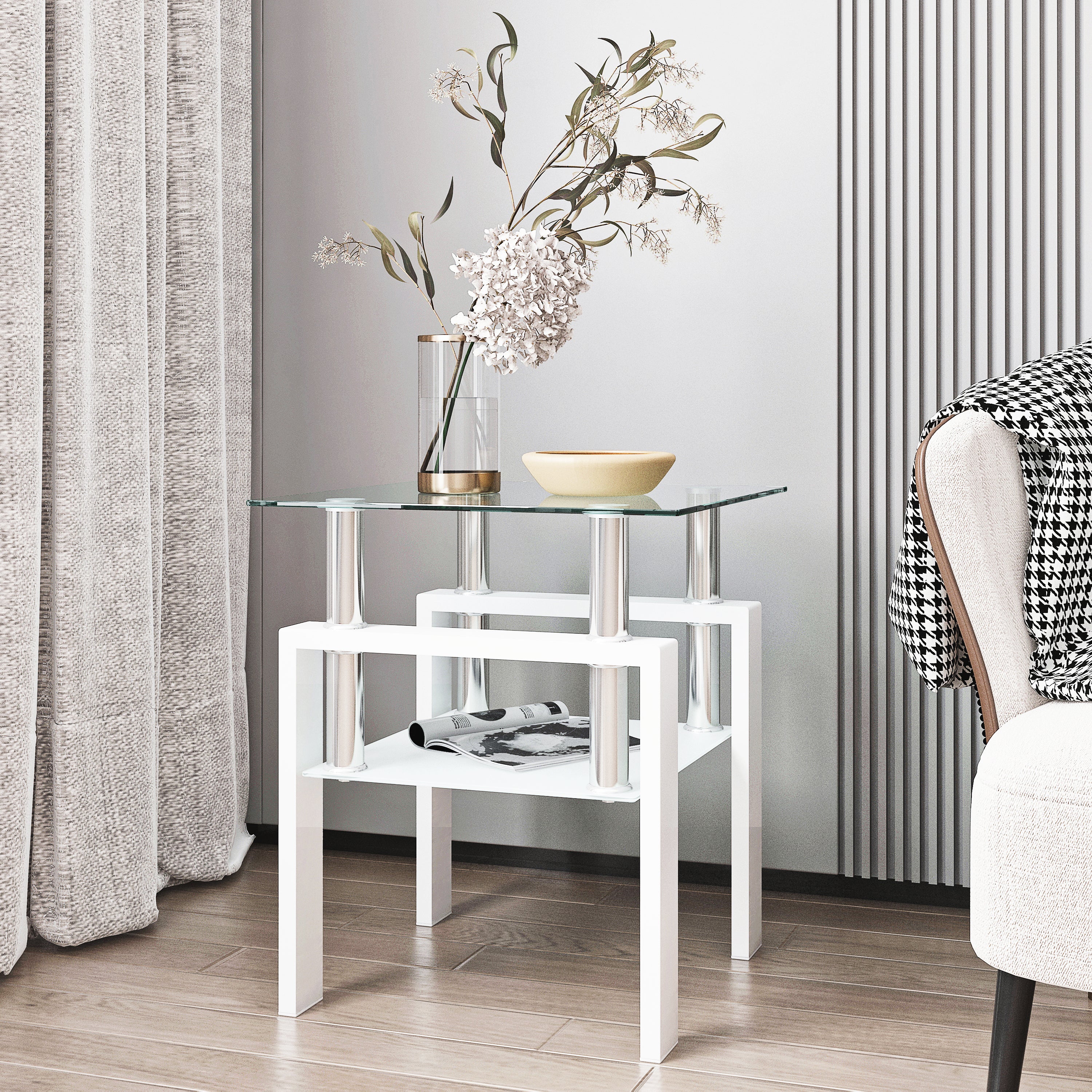1-Piece Modern Tempered Glass Tea Table Coffee Table End Table, Square Table for Living Room, Transparent/White - Grand Goldman Shop