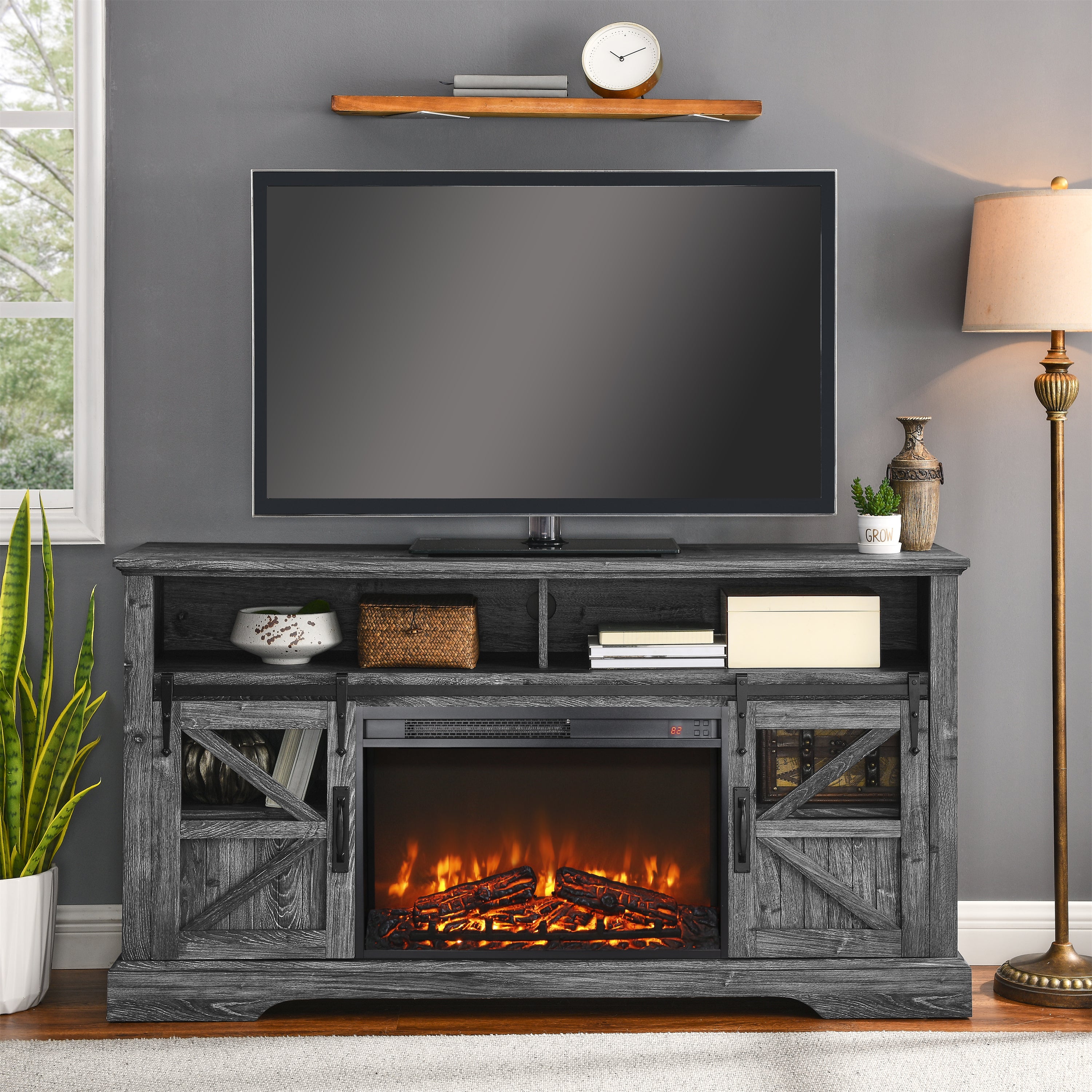 26 inch electric fireplace insert, ultra thin heater with log set & realistic flame, remote control with timer, overheating protection - Grand Goldman Shop