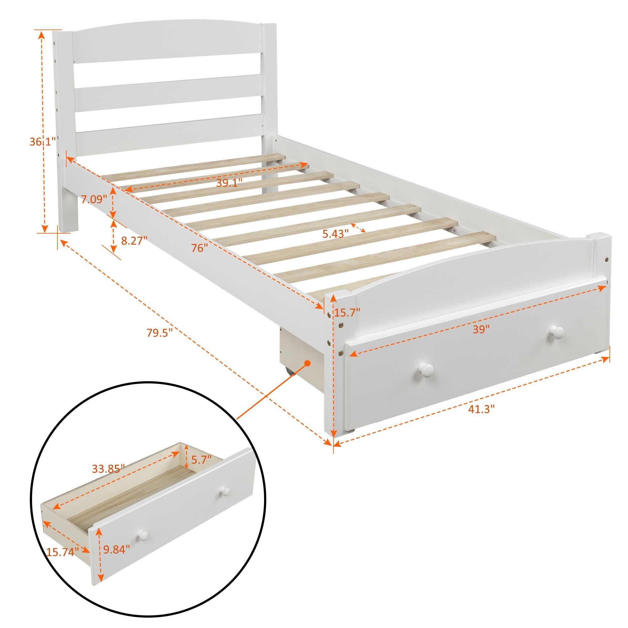 Classic Pine Wood Platform Twin Bed Frame with Storage Drawer, White Finish, No Box Spring Needed - Grand Goldman Shop