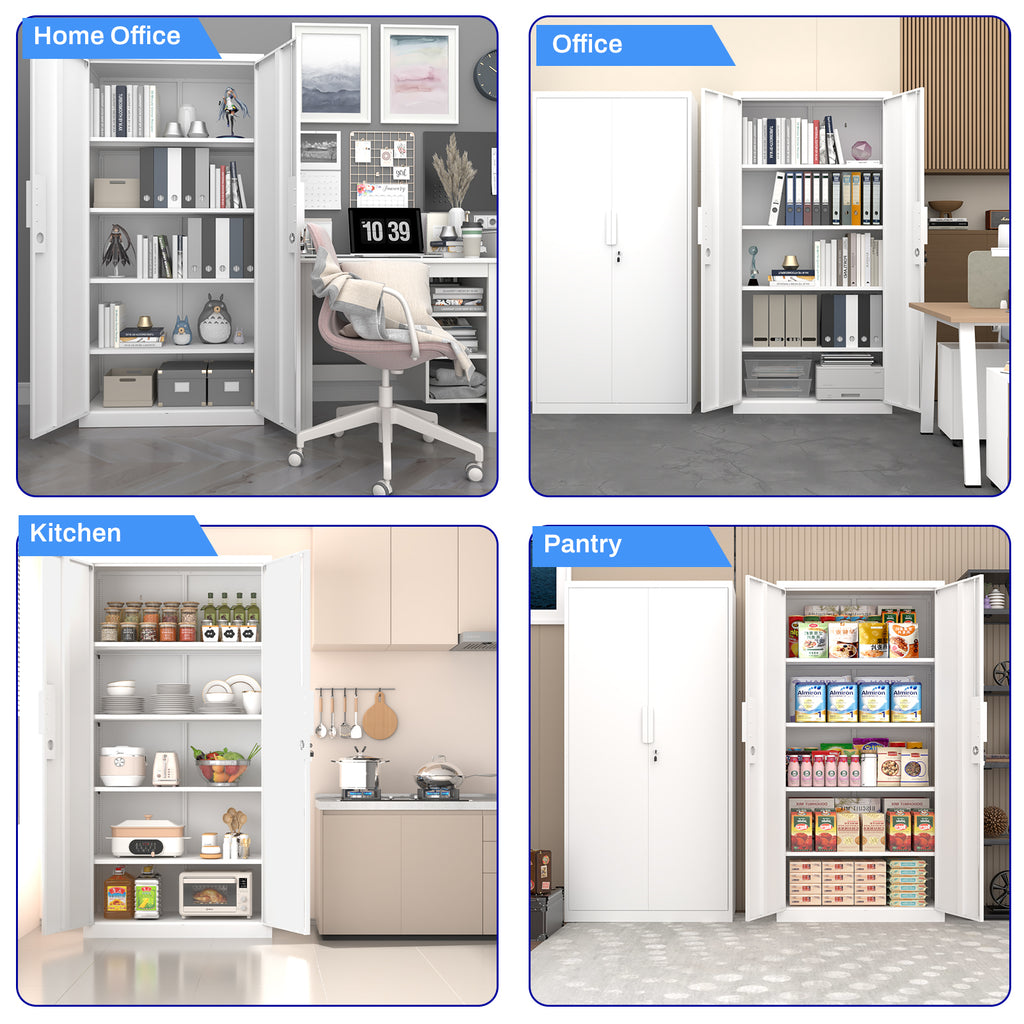 72-Inch 2-Door File Cabinet with Lock, 4 Adjustable Shelves, Heavy-Duty Steel Construction, White, Metal, for Commercial Offi