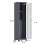 Metal Broom Storage Cabinet, 65' Narrow Slim Utility Cabinet with Hooks and Shelves, White Finish, Heavy-Duty Steel Construct
