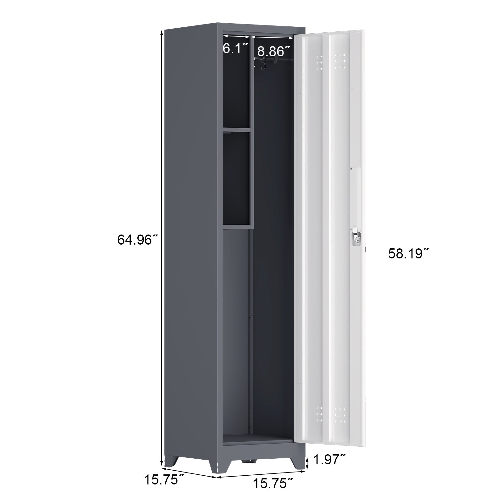 Metal Broom Storage Cabinet, 65' Narrow Slim Utility Cabinet with Hooks and Shelves, White Finish, Heavy-Duty Steel Construct