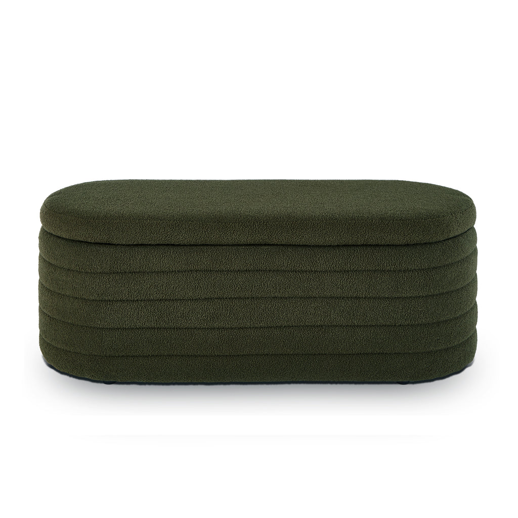 Modern Oval Storage Ottoman Bench, Upholstered Boucle Teddy Fabric End of Bed Bench with Storage, End of Bed Stool with Safety Hinge for Bedroom, Living Room, Entryway, Dark Green - Grand Goldman Shop