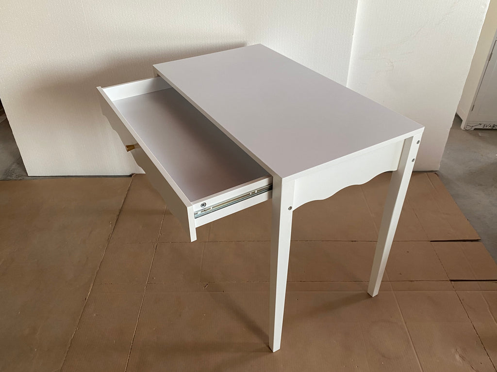 White 35.43' Vanity Desk with Drawer – Modern Makeup Table with Scalloped Front & Gold Knob, Compact Writing Desk with 4 Sturdy Legs for Bedroom, Small Home Office & Apartment Spaces - Grand Goldman Shop