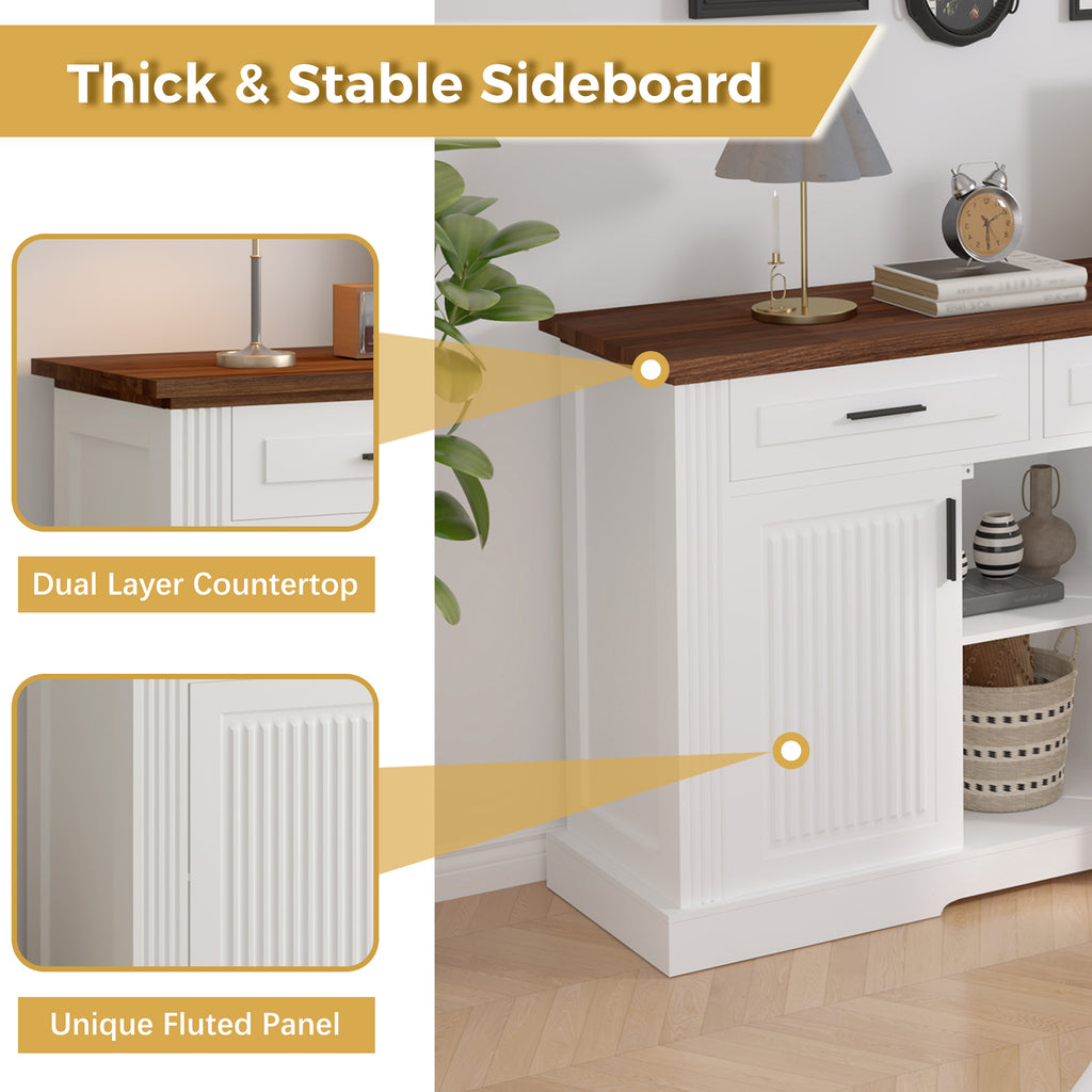 Modern Fluted Sideboard Buffet Cabinet with 4 Doors 3 Drawers, White MDF Storage Console Table for Living Room Dining Room Entryway, 63.11' L x 15.75' W x 32' H - Grand Goldman Shop