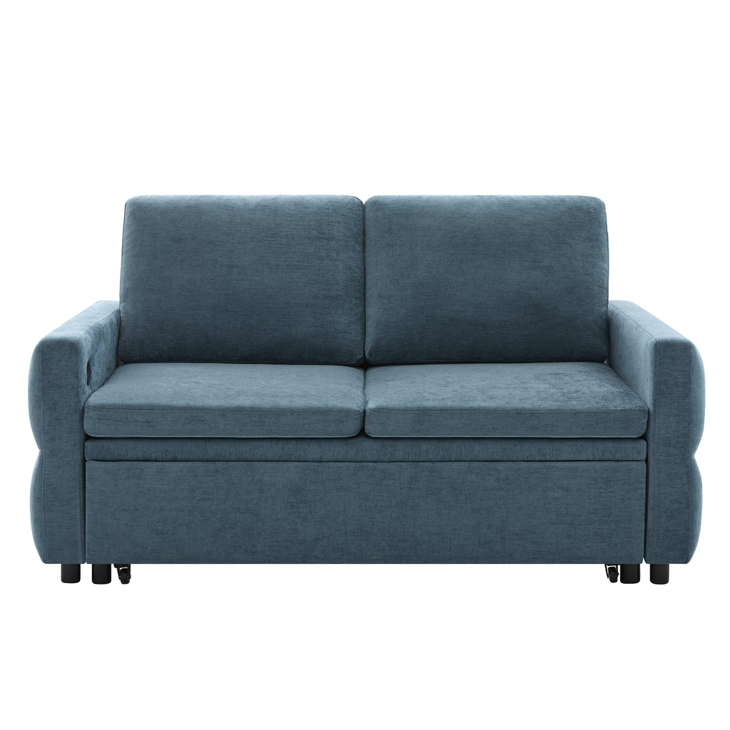 Convertible Sofa Bed 62.75' Loveseat with Adjustable Backrest and USB Ports in Blue Chenille Fabric - Grand Goldman Shop