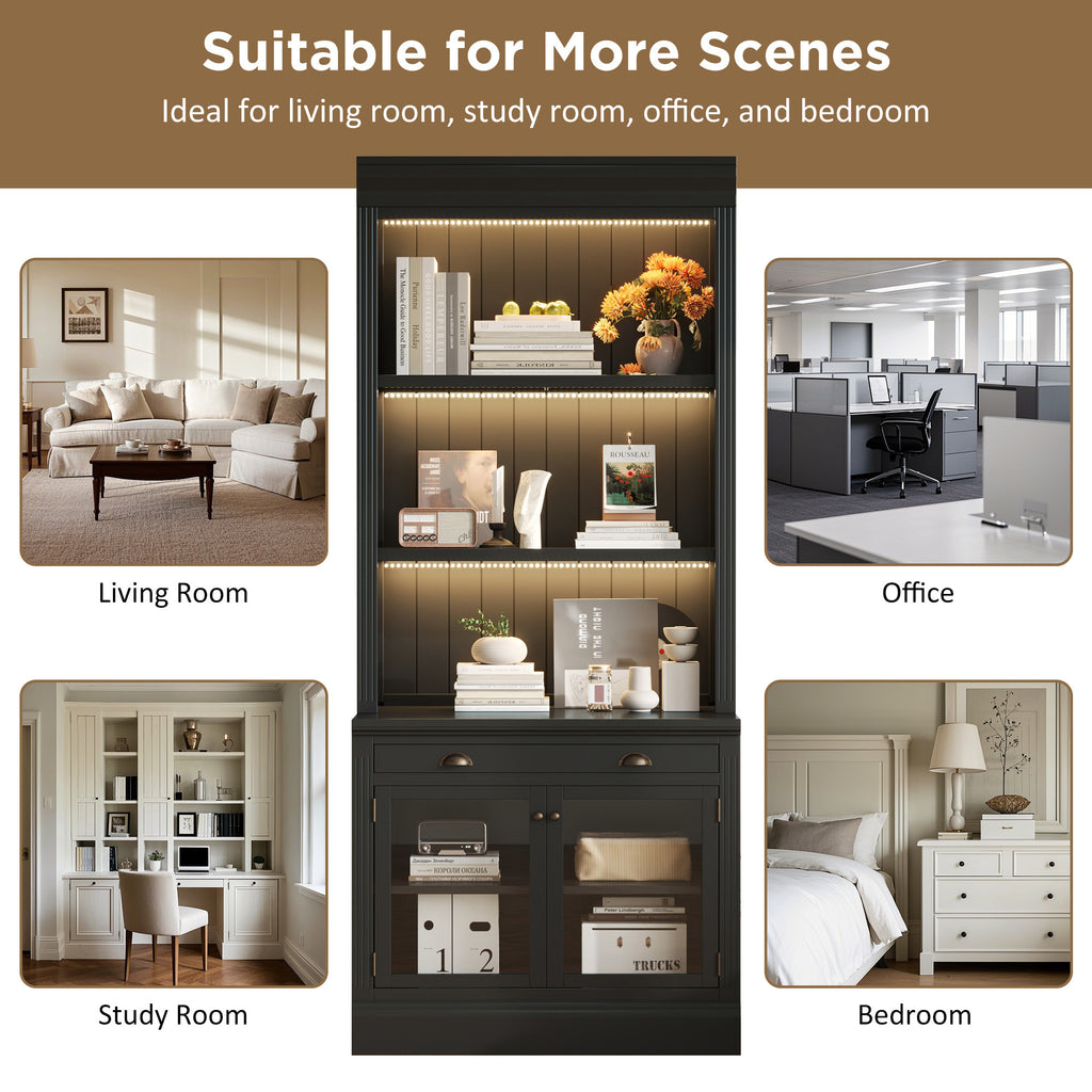 83.4'Tall Bookshelf Suite with LED Lighting, Modern Bookcases with Glass Doors and Drawers,2-Piece Set Storage Bookcase Suite