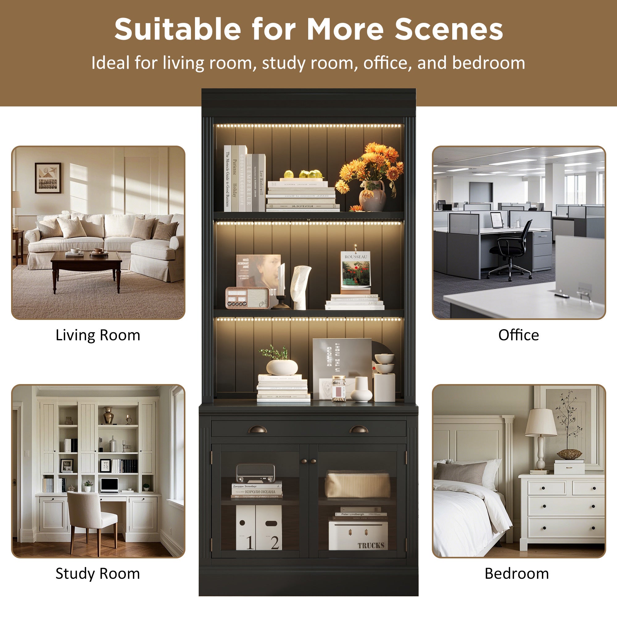 83.4'Tall Bookshelf with 3 pieces LED Lighting, Modern Bookcase with 2 Glass Doors and 1 Drawer,Storage Bookcase with Open Sh