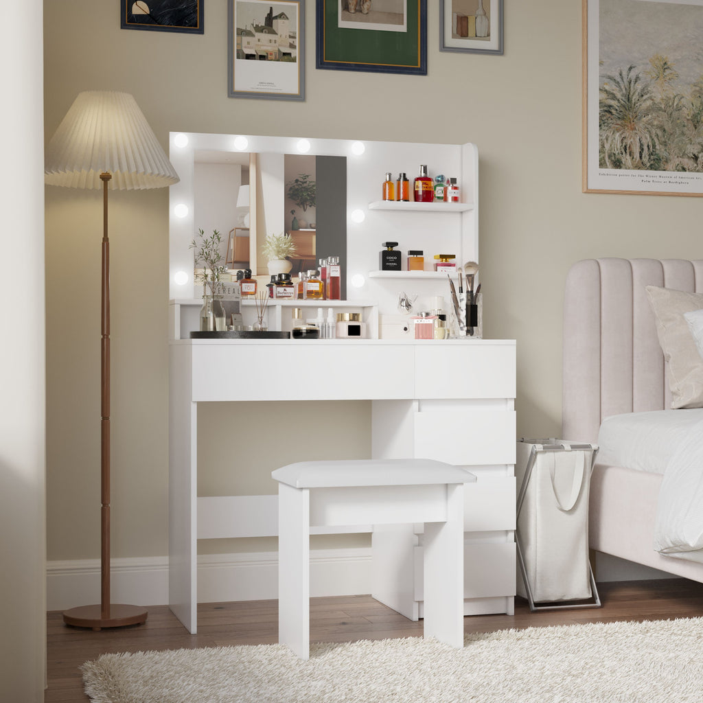 Vanity, Makeup Vanity Desk Set with Mirror & Light, Dressing Table Storage Lots , 3 Lighting Modes with Adjustable Brightness, White with Stool - Grand Goldman Shop