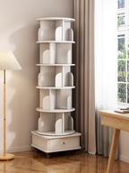 Rotating Bookshelf with Drawer, 360 Display 6 Tier Corner Bookshelf for Small Space, Floor Standing Bookcase Storage Rack, Wood Narrow Organizer for Bedroom, Living Room (WHITE) - Grand Goldman Shop