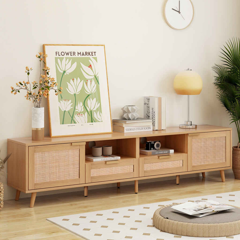 Modern Farmhouse Rattan TV Stand for TVs up to 85'', Solid Wood Legs, Media Console with MDF Board, Living Room Entertainment Center in Wood Finish - Grand Goldman Shop