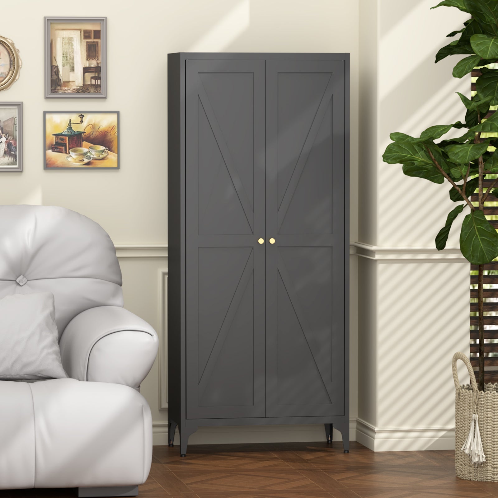 Black Metal Adjustable 2-Door Kitchen Pantry Cabinet with Striped Design and Gold Handles, Tall Steel Storage Locker for Kitc