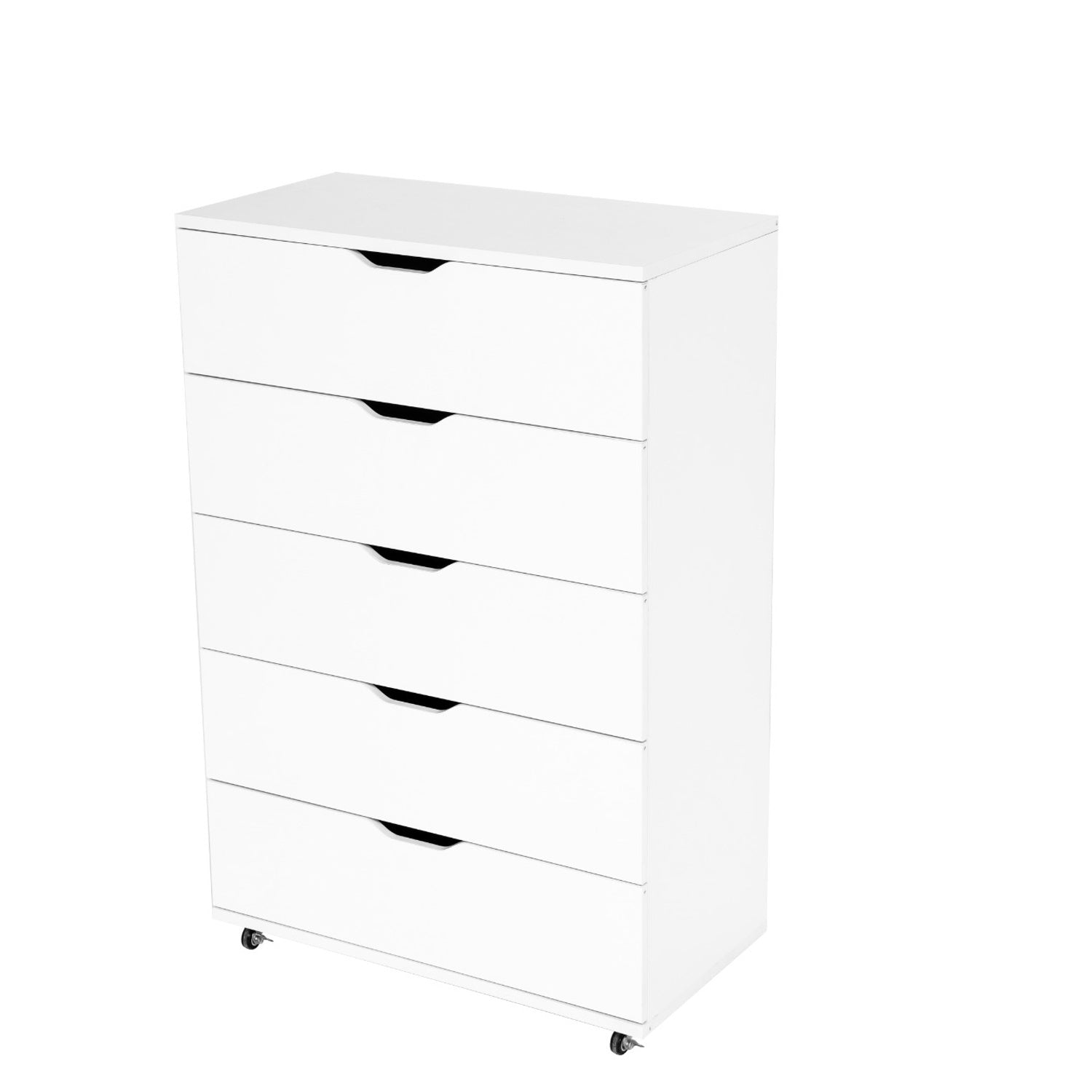 Modern White 5-Drawer Dresser with Wheels – Space-Saving Storage Cabinet with Deep Drawers, Wood Frame, Melamine Finish - Grand Goldman Shop