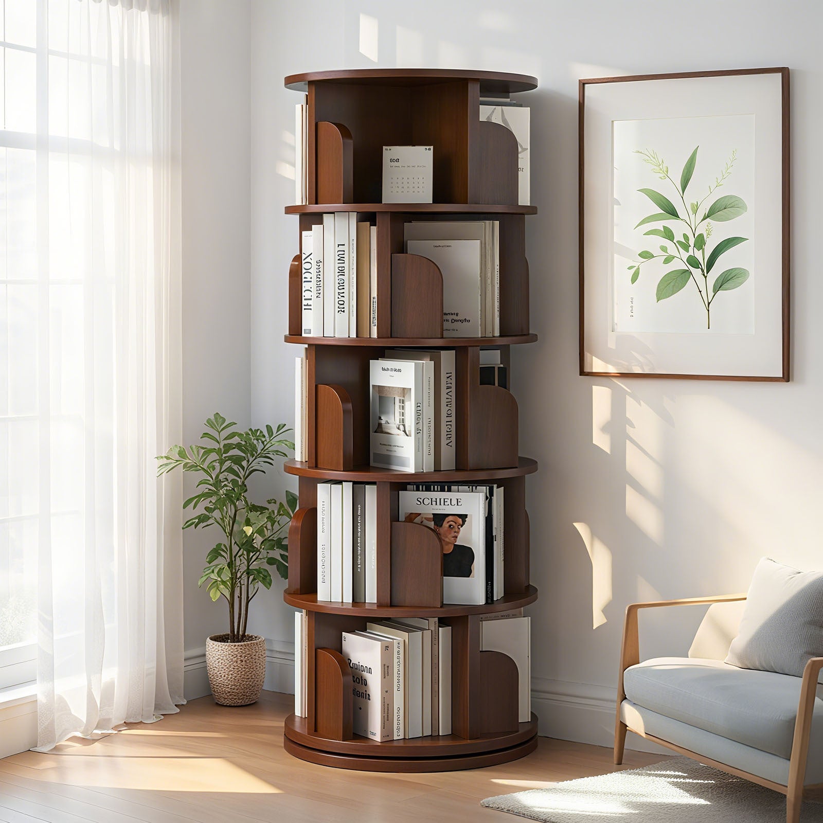 5 Tier Rotating Bookshelf, 360° Display Round Spinning Bookshelf, Space-Saving, Small Space Rotating Bookshelf Tower for Bedroom, Living Room, Home, Office, Walnut - Grand Goldman Shop