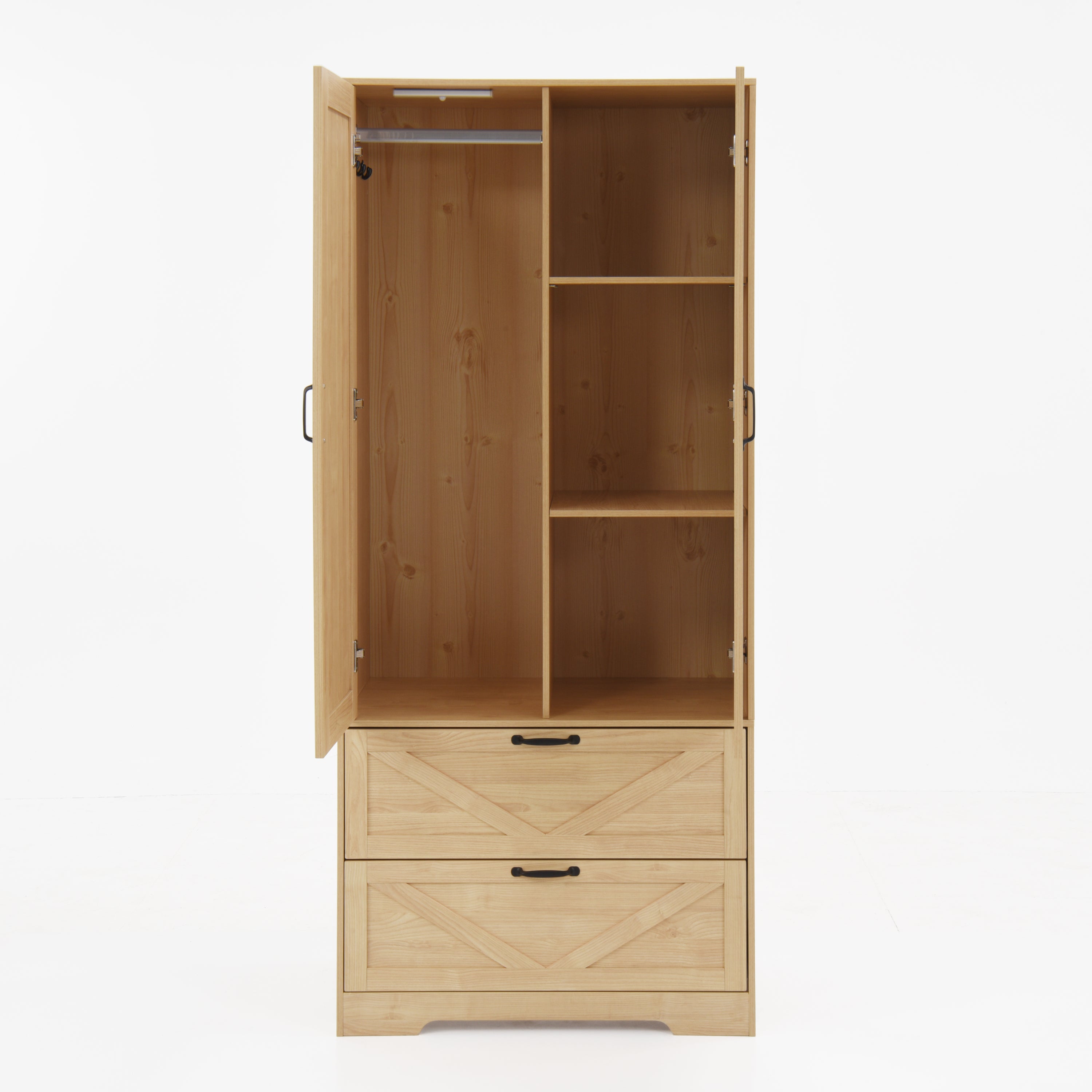 2 Door Wood Wardrobe for Bedroom with Hanging Clothing Rod inside the Cabinet and 2 Drawers for Storage Organization, Built-in induction light Multifunctional Closet with Mirror, Natural - Grand Goldman Shop
