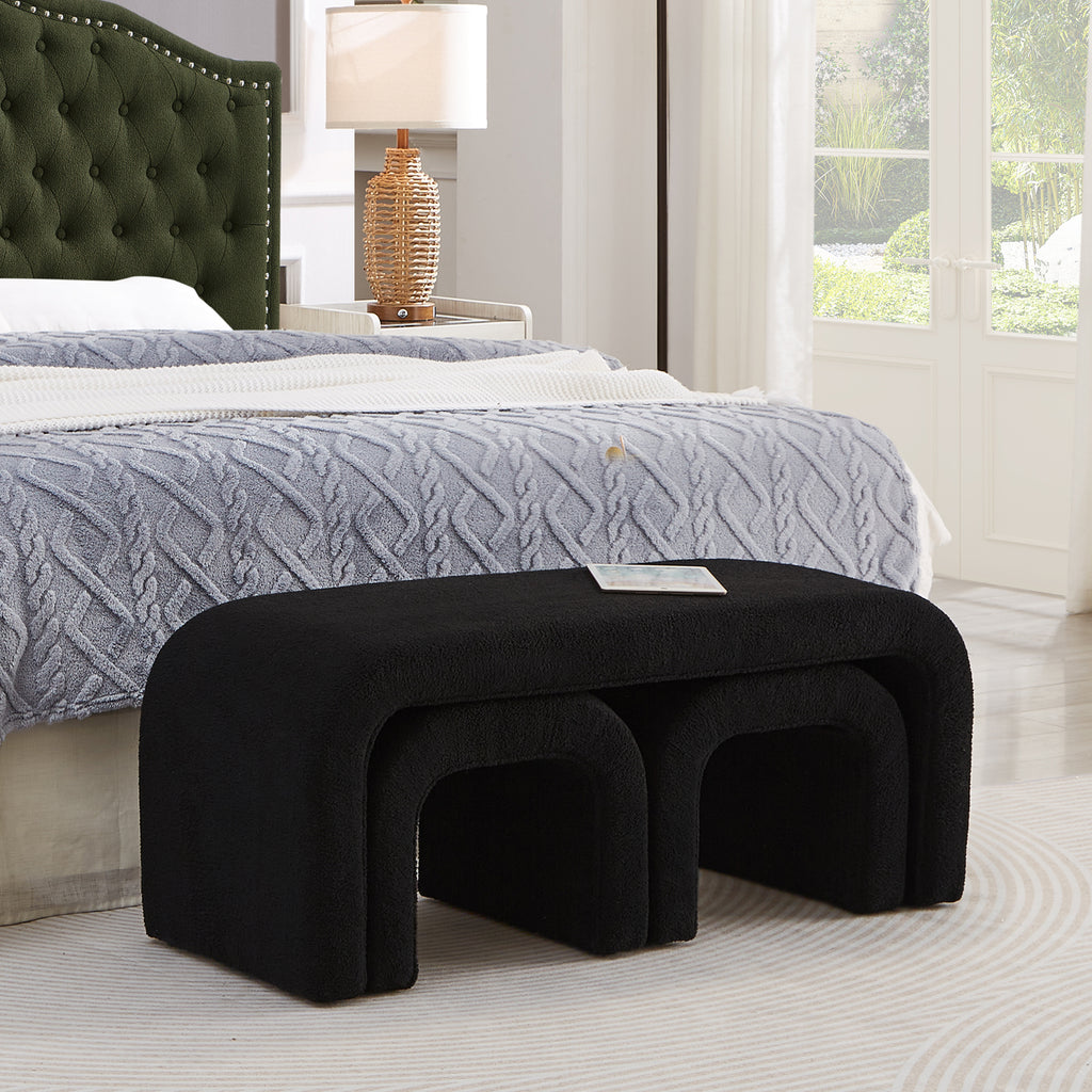 Set of 3 U-Shaped Modern Bench Teddy  Ottoman Bench for Entryway, Bedroom End of Bed, Set of 3 Small Sofa Footrest Extra Seating for Living Room, 44+18 Inch Bench Bench & Ottoman- Black - Grand Goldman Shop