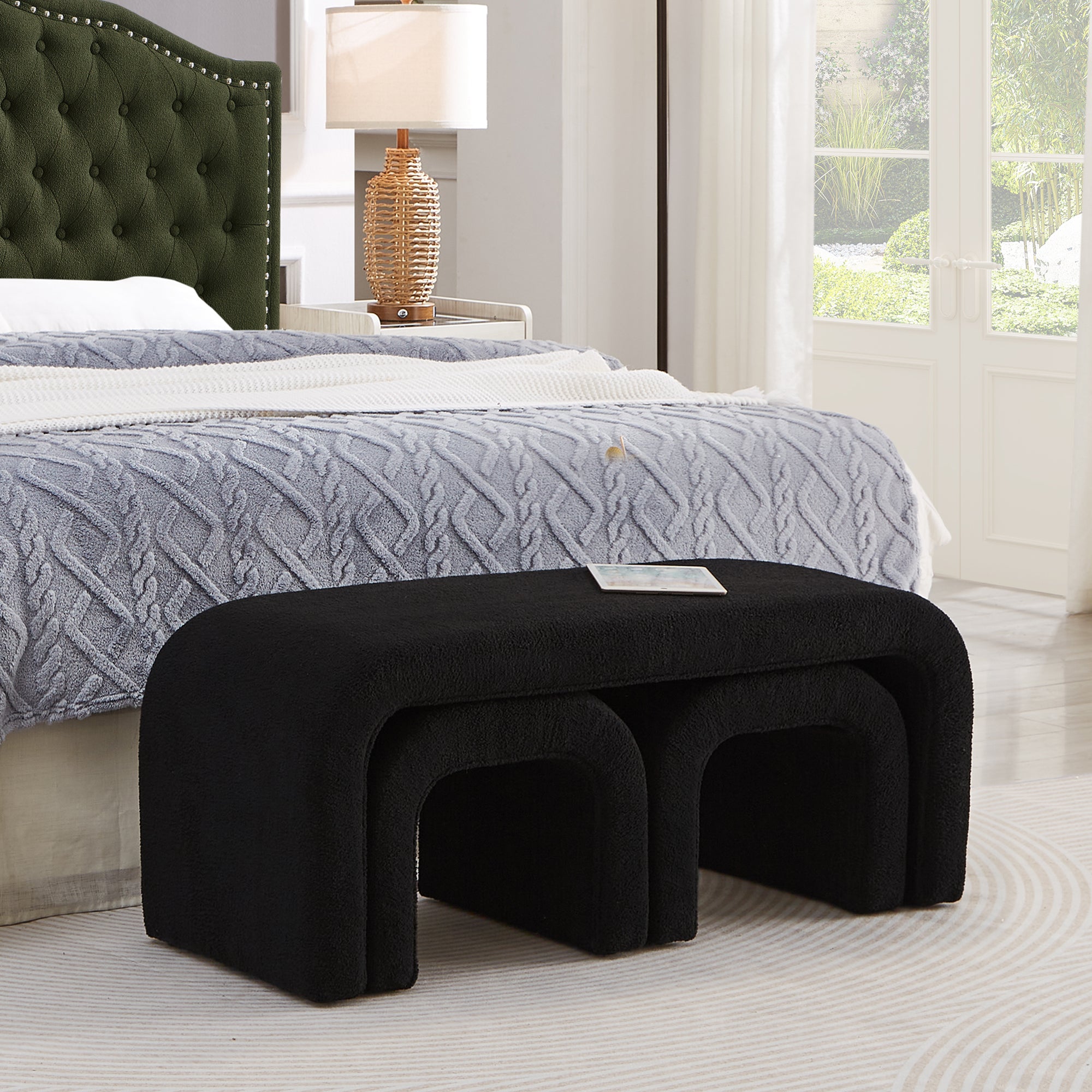 Set of 3 U-Shaped Modern Bench Teddy  Ottoman Bench for Entryway, Bedroom End of Bed, Set of 3 Small Sofa Footrest Extra Seating for Living Room, 44+18 Inch Bench Bench & Ottoman- Black - Grand Goldman Shop