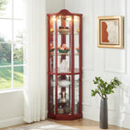 Glass Cabinet Lighted Corner Cabinet Corner Display Curio Cabinet, Glass Display With Light(Included)Bar Cabinet,Wine Cabinet with Adjustable Glass Shelves Carved Decoration Cherry Light(Included) - Grand Goldman Shop