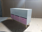 Modern Kids Bookcase with Collapsible Fabric Drawers, Children's Book Display & Toy Storage, White/Pink MDF & Pine Legs | Pre