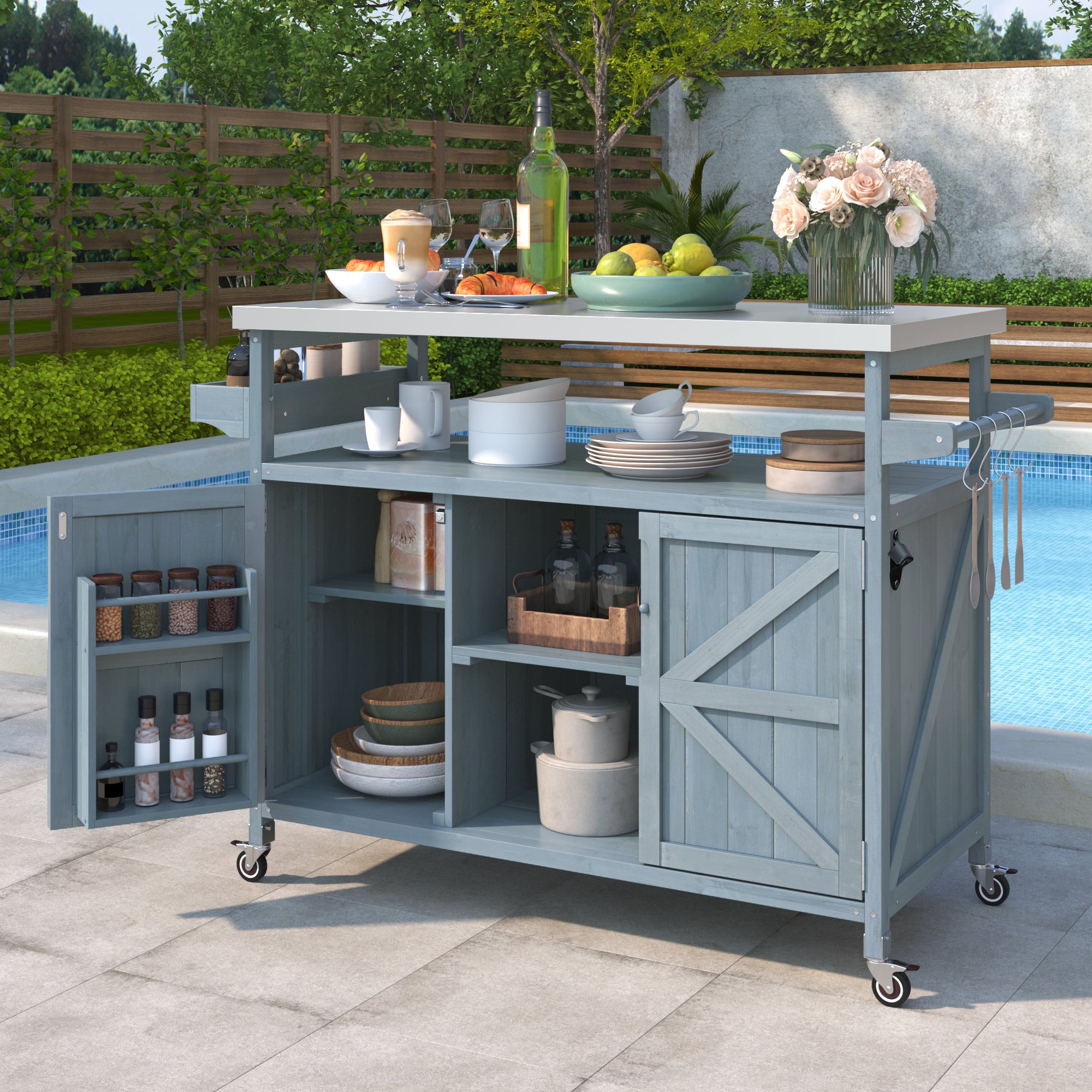 K&K Outdoor Kitchen Island, Rolling Bar Cart & Storage Cabinet, Farmhouse Solid Wood Outdoor Grill Table with Stainless Steel Top, Spice Rack , Towel Rack for Kitchen & BBQ , Grey Blue - Grand Goldman Shop