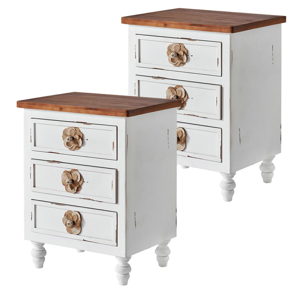 Vintage Farmhouse End Table with Floral Knobs – 19' Rustic Nightstand with 3 Drawers & Gourd Legs,Bedside or Sofa Accent Table, Almost Fully Assembled, Distressed White - Grand Goldman Shop