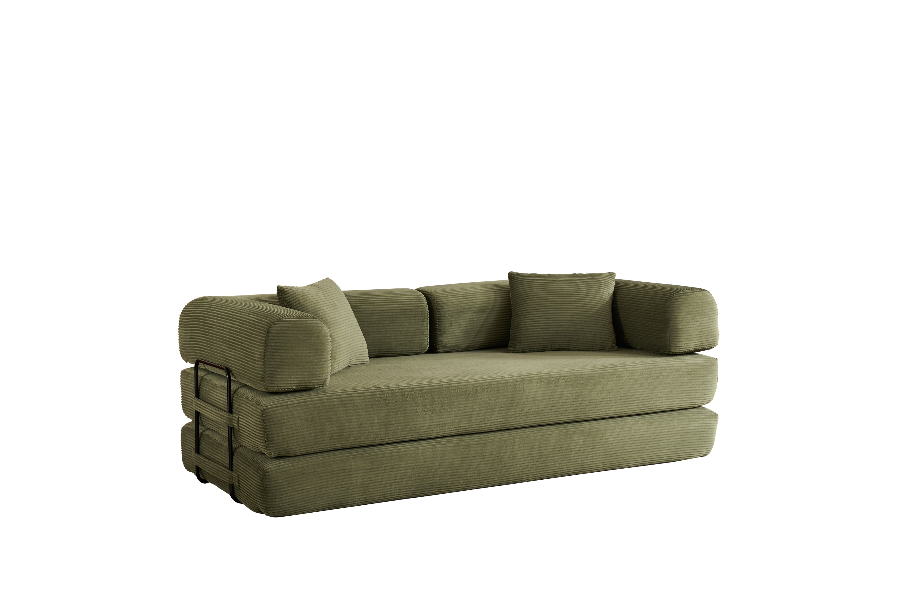 Convertible Sleeper Sofa Bed with Cylindrical Pillow, Corduroy Folding Mattress Couch with Fixed-Shape Frame, Floor Sofa Lounge Couch for Living Room Bedroom (Green) - Grand Goldman Shop