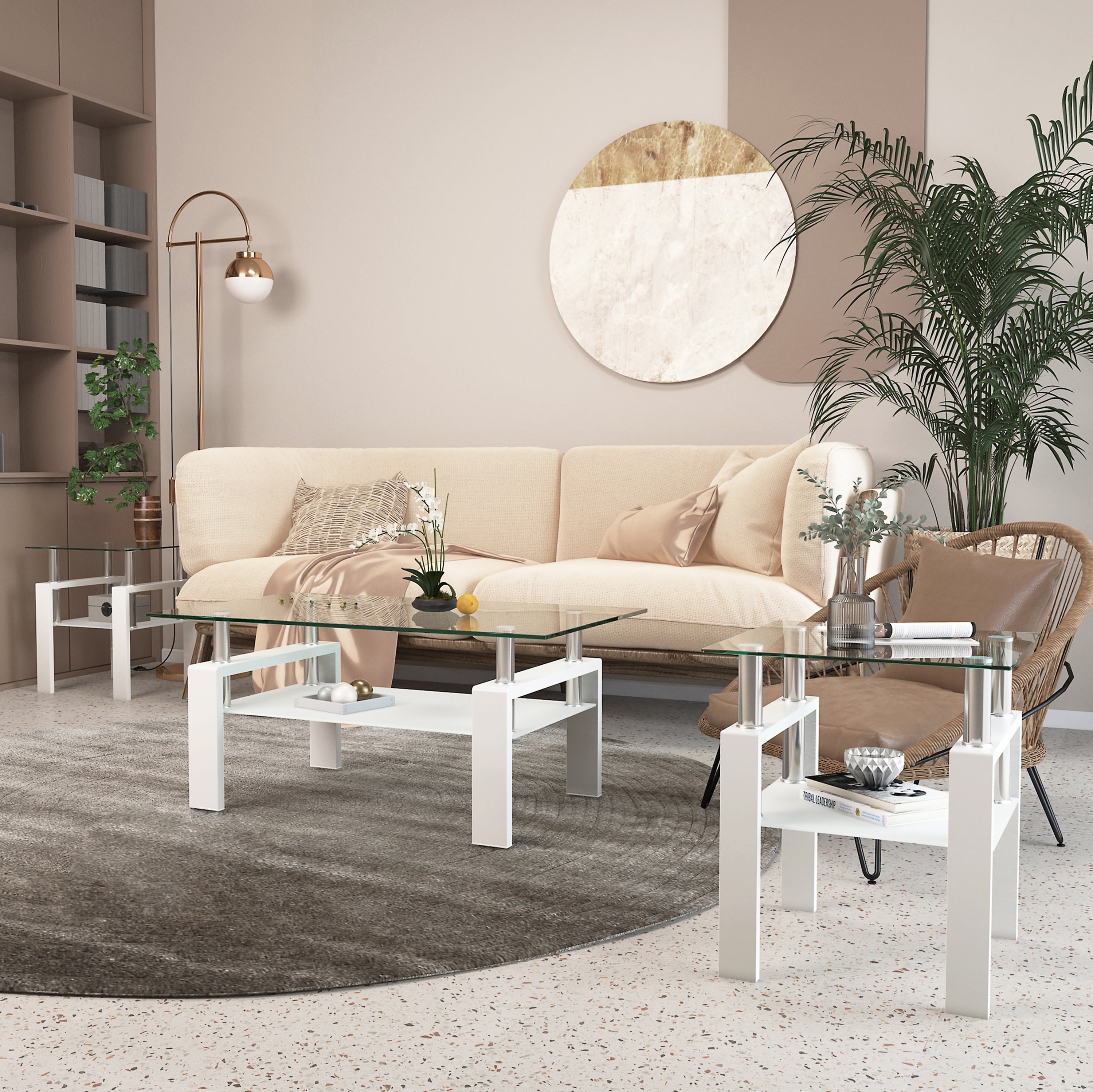 Set of 2, Modern Tempered Glass Tea Table Coffee Table End Table, Square Table for Living Room, Transparent/White - Grand Goldman Shop