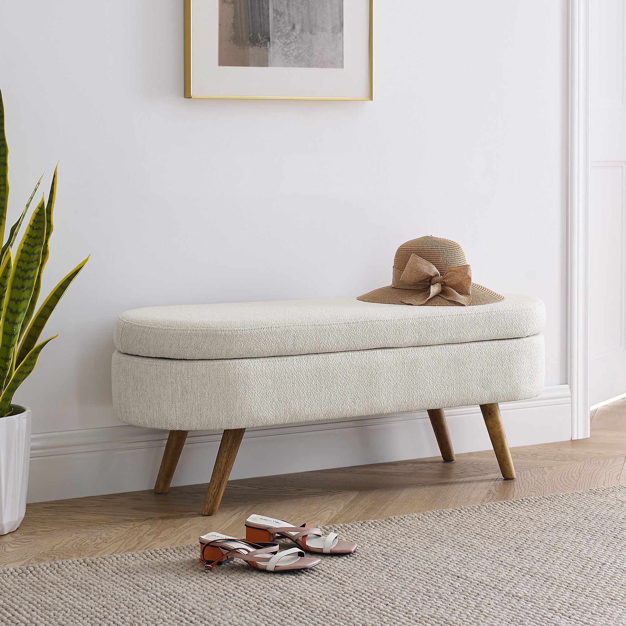 Ottoman Oval Storage Bench,Rubber Wood Legs, Beige(43.5'x16'x16') - Grand Goldman Shop