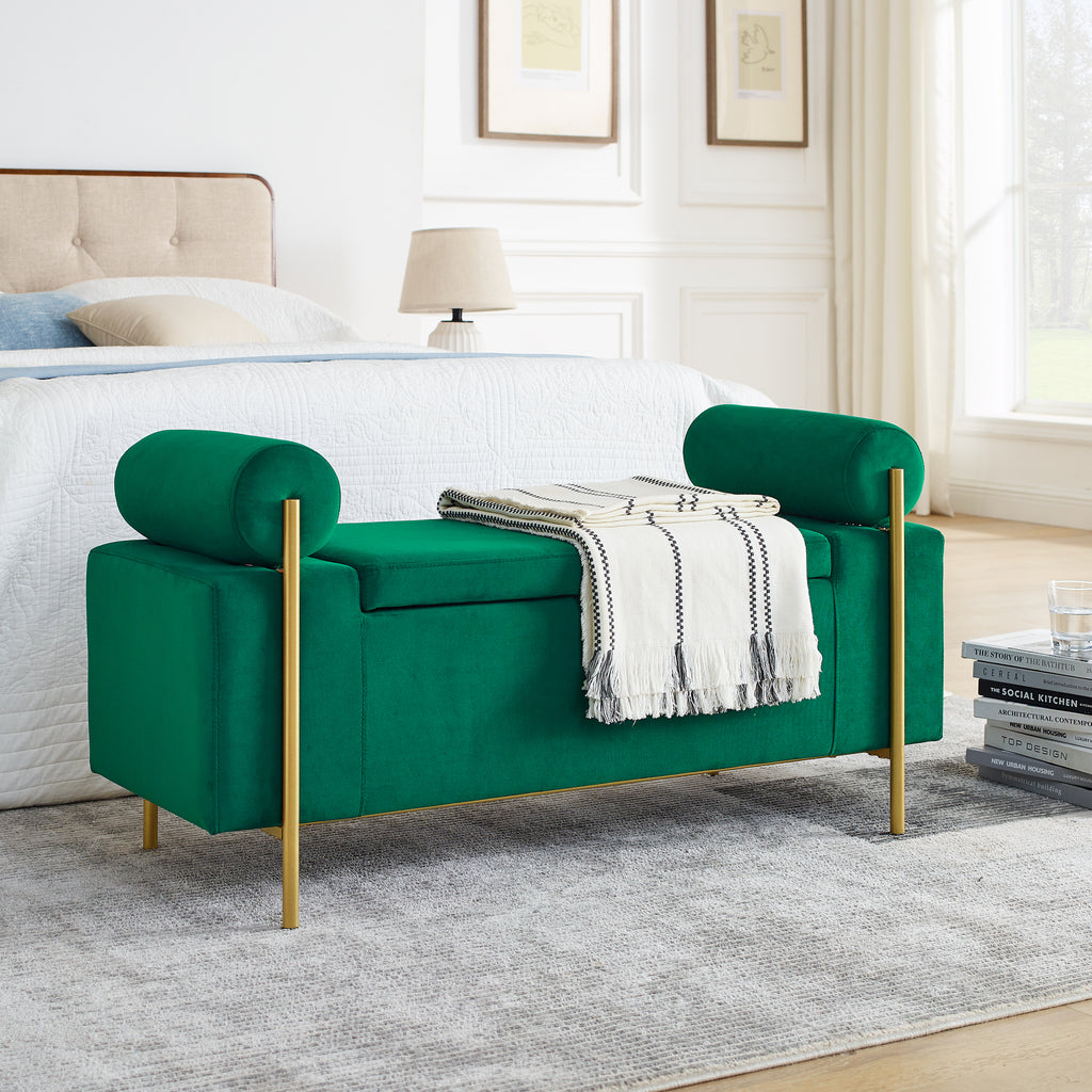 Elegant Upholstered Velvet Storage Bench with Cylindrical Arms and Iron Legs, Green - Grand Goldman Shop