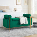 Elegant Upholstered Velvet Storage Bench with Cylindrical Arms and Iron Legs, Green - Grand Goldman Shop